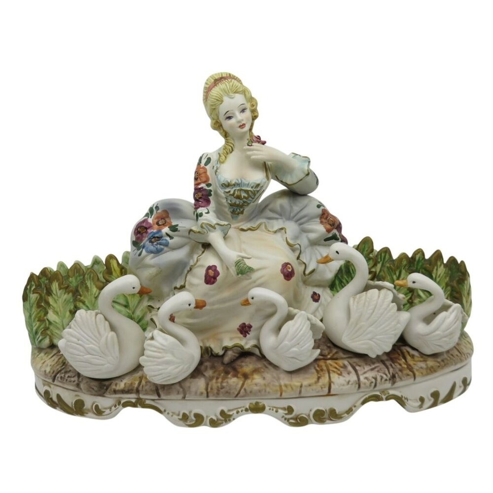 CAPODIMONTE Beautiful LADY with Swans Large Figurine Made in Italy 20" Vintage